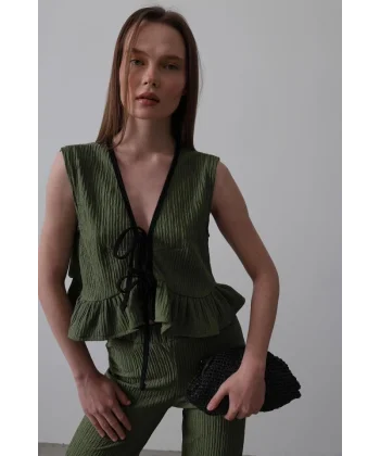 Önü Bağlamalı Volanlı Örme Takım - Haki