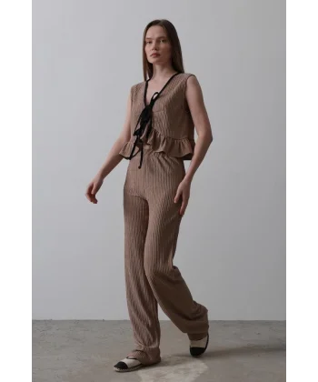 Önü Bağlamalı Volanlı Örme Takım - Vizon