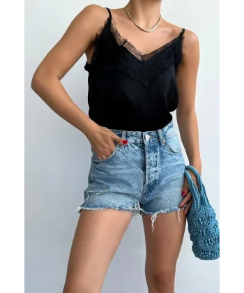 Önü Dantelli Askılı Atlet - Siyah