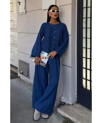 Önü İnce Kordon Detaylı Ve Double Paça Pantolonlu Takım 10180