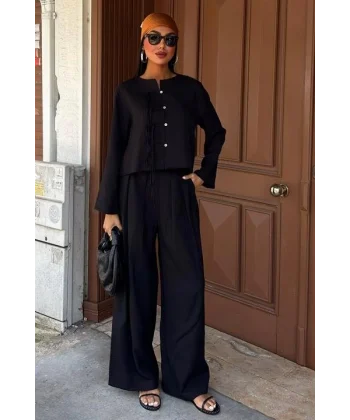 Önü İnce Kordon Detaylı Ve Double Paça Pantolonlu Takım 10180