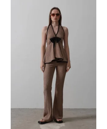 Önü Kelebekli Örme Takım - Vizon