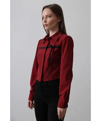 Önü Kontrast Fiyonklu Gömlek - Bordo