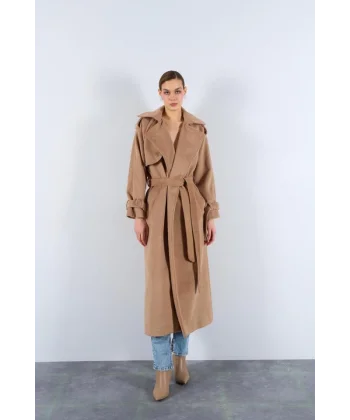 Önü Robalı Kaşe Kaban  Bej