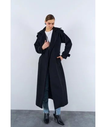 Önü Robalı Kaşe Kaban  Siyah