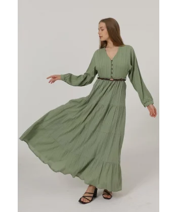 Önü Yarım Düğmeli Uzun Kol Kemerli Elbise - Haki