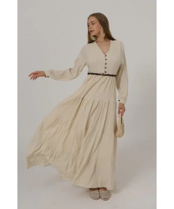 Önü Yarım Düğmeli Uzun Kol Kemerli Elbise - Taş