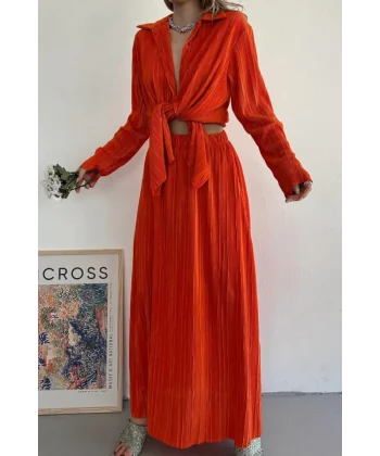 Oranj Fitilli Gömlek Ve Uzun Etek Takım