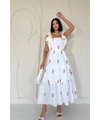 Oranj Sıfır Kol Fırfırlı Elbise