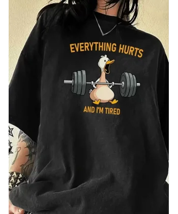 Ördek Baskılı ve Yuvarlak Yakalı Kadın Günlük Büyük Boy Siyah Tişört. - Siyah