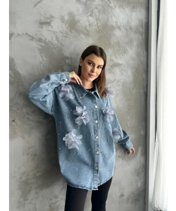 Organze Çiçek Tasarımlı Kot Gömlek