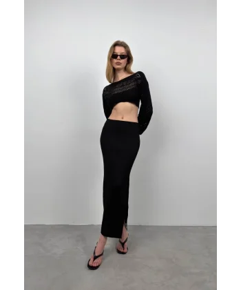 Örgü Detay Crop Triko Bluz