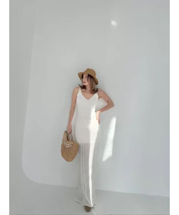 Örgülü Uzun Triko Elbise - Beyaz