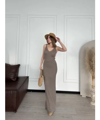 Örgülü Uzun Triko Elbise - Kahve