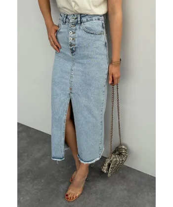 Ortası Yırtmaçlı Kot Etek  Mavi