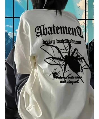 Örümcek Ağı Desenli Baskılı Oversize Bisiklet Yaka T-shirt  - Beyaz