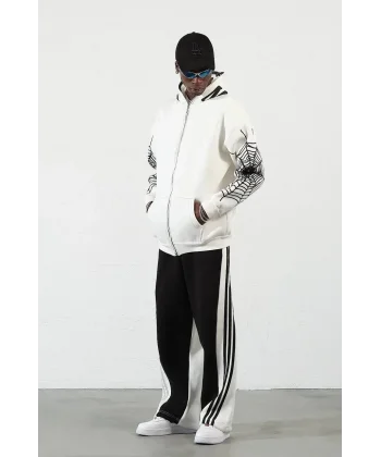 Örümcek Baskılı Zıp Fermuarlı Kapüşonlu Hırka - Beyaz