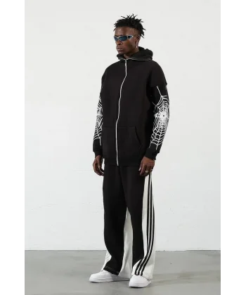 Örümcek Baskılı Zıp Fermuarlı Kapüşonlu Hırka - Siyah