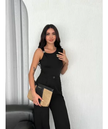 Osy Modal Yumuşak Dokulu Kumaş Bisiklet Yaka Kadın Sıfır Kol Bluz Omuz Toka Aksesuar Detaylı - Siyah