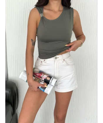 Osy Modal Yumuşak Dokulu Kumaş Bisiklet Yaka Kadın Sıfır Kol Bluz Omuz Toka Aksesuar Detaylı - Haki