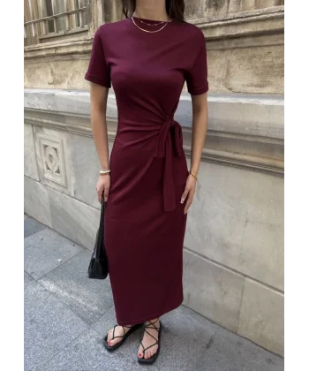 Osy Modal Yumuşak Dokulu Kumaş Bisiklet Yaka Kısa Kollu Kuşaklı Uzun Elbise - Bordo