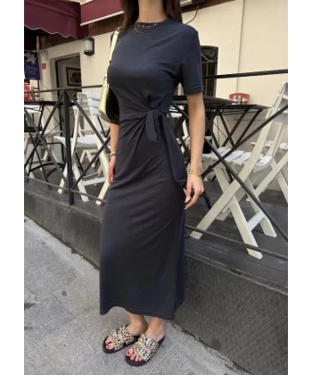 Osy Modal Yumuşak Dokulu Kumaş Bisiklet Yaka Kısa Kollu Kuşaklı Uzun Elbise - Füme