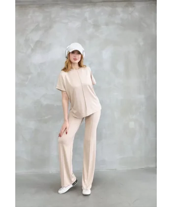 Osy Modal Yumuşak dokulu Kumaş Bisiklet Yaka Kısa Kollu Takım - Bej