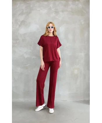 Osy Modal Yumuşak dokulu Kumaş Bisiklet Yaka Kısa Kollu Takım - Bordo