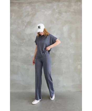 Osy Modal Yumuşak dokulu Kumaş Bisiklet Yaka Kısa Kollu Takım - Füme