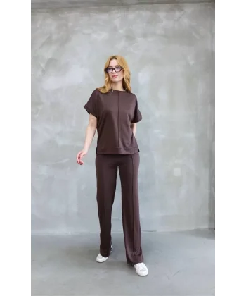 Osy Modal Yumuşak dokulu Kumaş Bisiklet Yaka Kısa Kollu Takım - Kahverengi