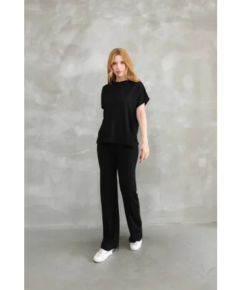 Osy Modal Yumuşak dokulu Kumaş Bisiklet Yaka Kısa Kollu Takım - Siyah