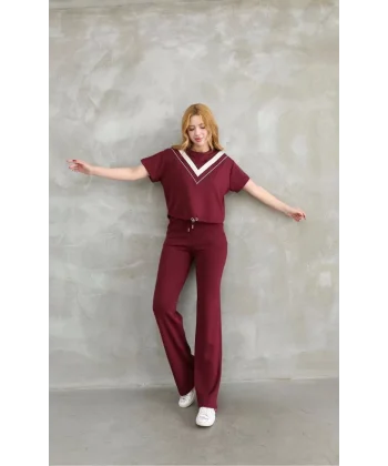 Osy Modal Yumuşak dokulu Kumaş Bisiklet Yaka Parçalı detaylı Kısa Kollu Takım - Bordo