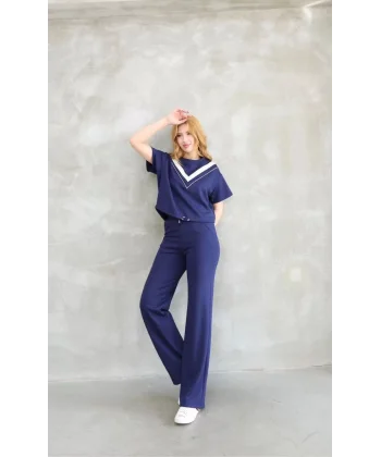 Osy Modal Yumuşak dokulu Kumaş Bisiklet Yaka Parçalı detaylı Kısa Kollu Takım - Lacivert