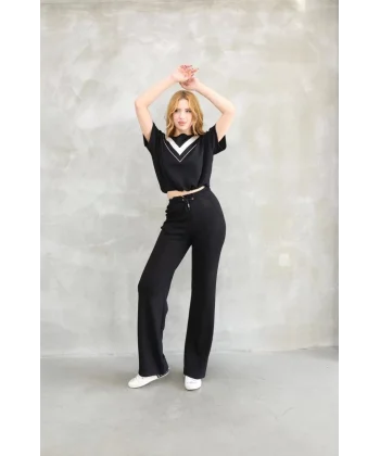 Osy Modal Yumuşak dokulu Kumaş Bisiklet Yaka Parçalı detaylı Kısa Kollu Takım - Siyah