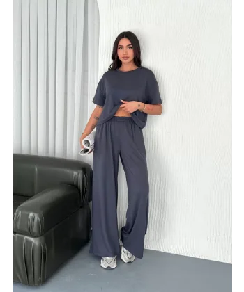 Osy Modal Yumuşak Dokulu Kumaş Bisiklet Yaka T-shirt Bol paça Pantalon ikili Takım -Antrasit