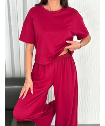 Osy Modal Yumuşak Dokulu Kumaş Bisiklet Yaka T-shirt Bol paça Pantalon ikili Takım -Bordo