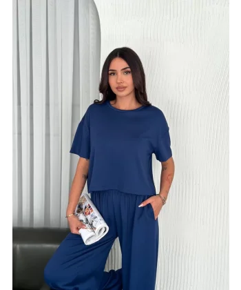 Osy Modal Yumuşak Dokulu Kumaş Bisiklet Yaka T-shirt Bol paça Pantalon ikili Takım -Saks Mavi
