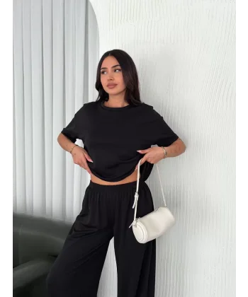 Osy Modal Yumuşak Dokulu Kumaş Bisiklet Yaka T-shirt Bol paça Pantalon ikili Takım -Siyah