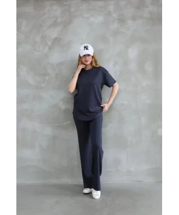 Osy Modal Yumuşak dokulu Kumaş Bisiklet Yaka Taş detaylı Kısa Kollu Takım - Füme