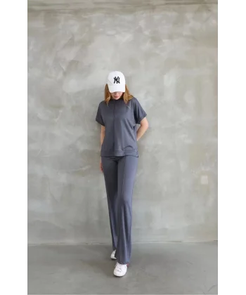 Osy Modal Yumuşak dokulu Kumaş Bisiklet Yaka Taş detaylı Kısa Kollu Takım - Gri