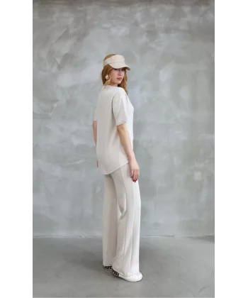 Osy Modal Yumuşak dokulu Kumaş Bisiklet Yaka Taş detaylı Kısa Kollu Takım - Kırık Beyaz