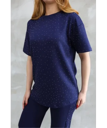 Osy Modal Yumuşak dokulu Kumaş Bisiklet Yaka Taş detaylı Kısa Kollu Takım - Lacivert