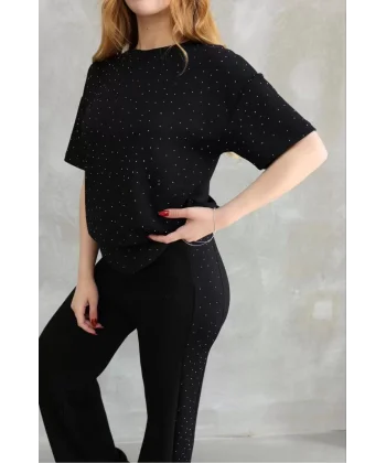 Osy Modal Yumuşak dokulu Kumaş Bisiklet Yaka Taş detaylı Kısa Kollu Takım - Siyah