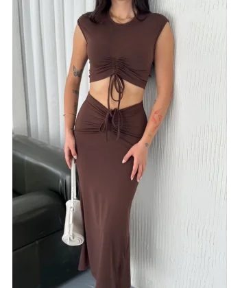 Osy Modal Yumuşak Dokulu Kumaş Büzgülü Crop Etek Takım -Kahverengi