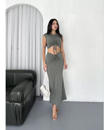 Osy Modal Yumuşak Dokulu Kumaş Büzgülü Crop Etek Takım - Mint yeşili