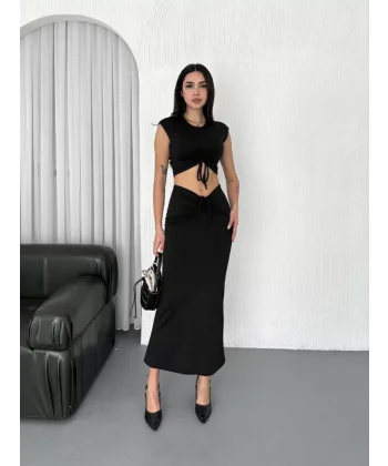 Osy Modal Yumuşak Dokulu Kumaş Büzgülü Crop Etek Takım - Siyah