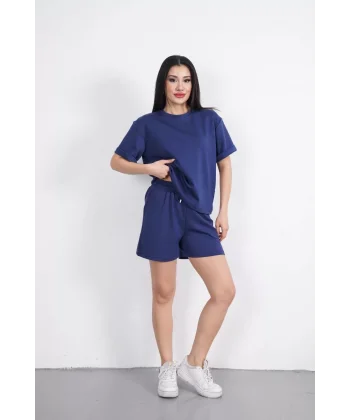 Osy Modal yumuşak dokulu Kumaş Kadın Bisiklet Yaka T-shirt Kısa Şort İkili Takım - Mavi