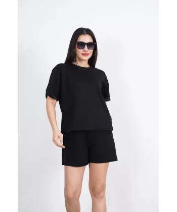 Osy Modal yumuşak dokulu Kumaş Kadın Bisiklet Yaka T-shirt Kısa Şort İkili Takım - Siyah
