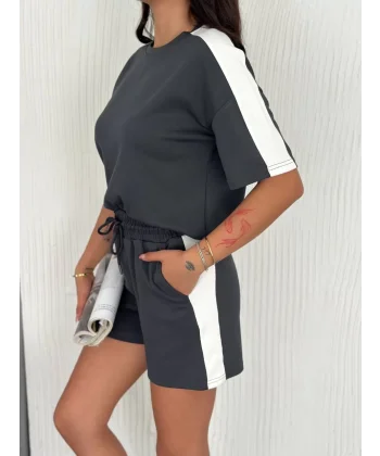 Osy Modal yumuşak dokulu Kumaş Kadın Parçalı Bisiklet Yaka T-shirt Kısa Şort İkili Takım - Antrasit