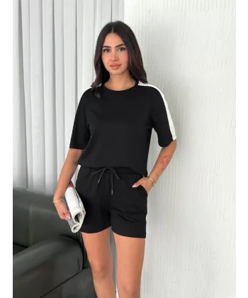 Osy Modal yumuşak dokulu Kumaş Kadın Parçalı Bisiklet Yaka T-shirt Kısa Şort İkili Takım - Siyah